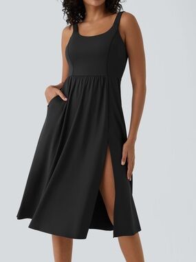 Halara Softly Zero Airy Black Midi Dress Size L Sleeveless Side Slit Flowy F259